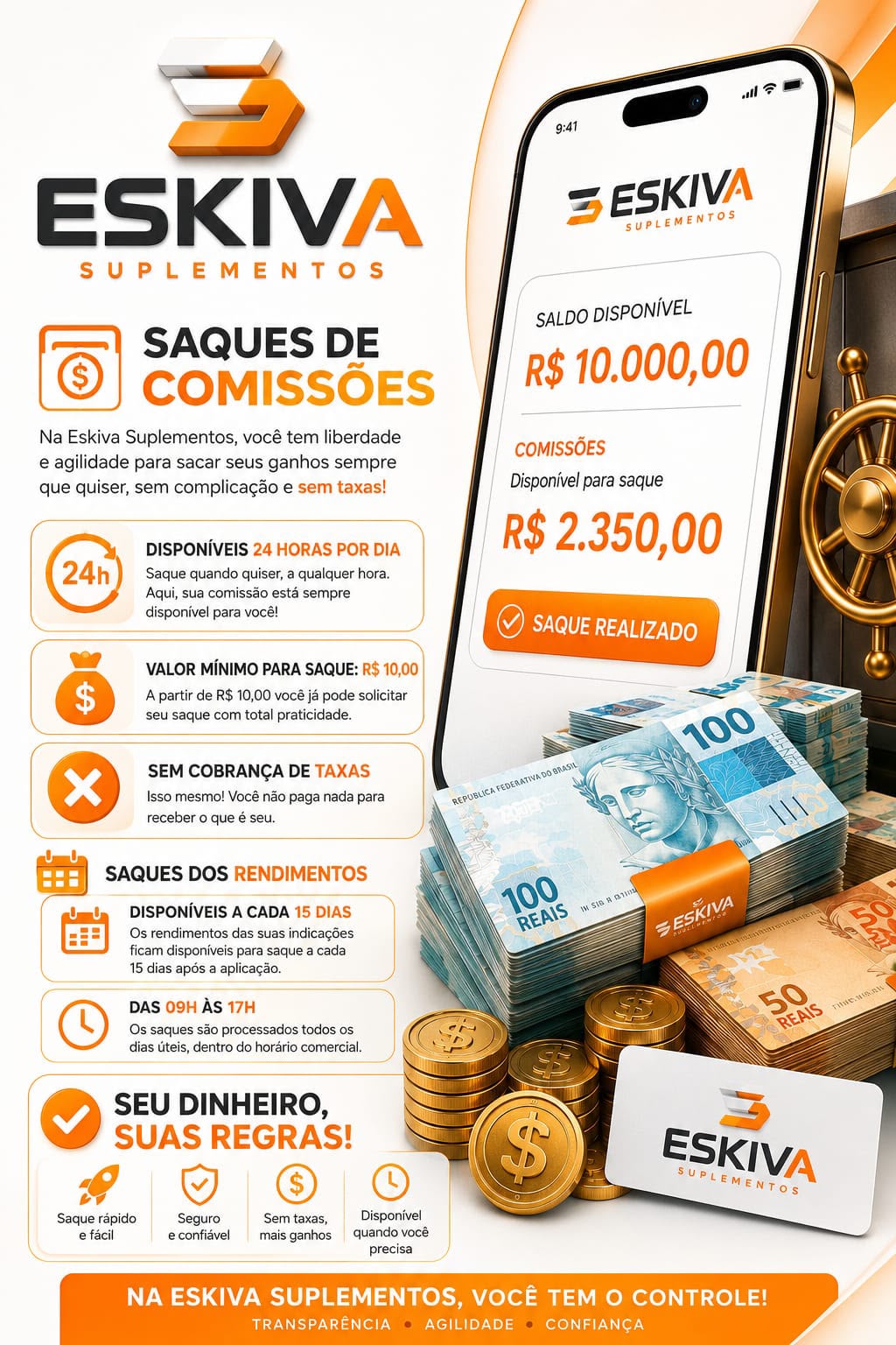 App Eskiva Suplementos mostrando saque de comissões